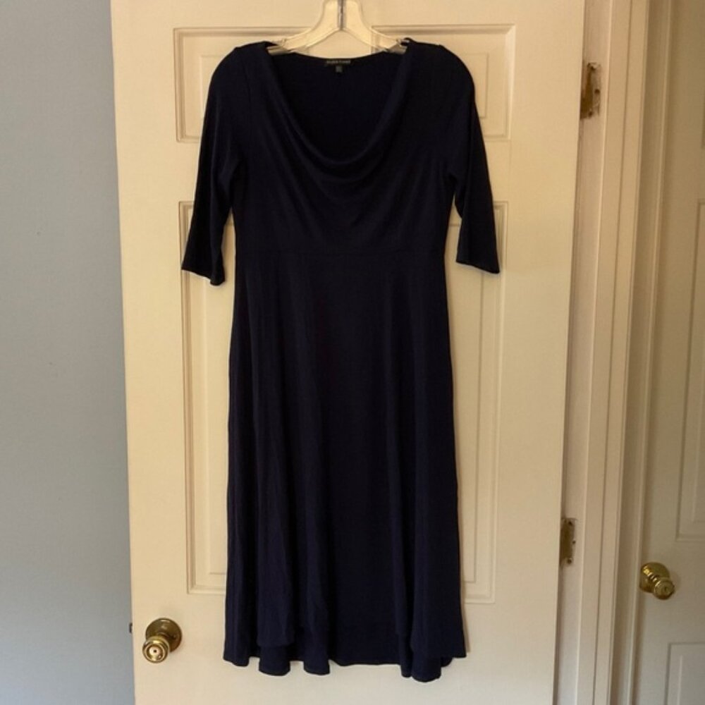 Eileen Fisher Jersey Stretch Cowl Neck Midi Dress French Navy Blue 3/4 Sleeve XS